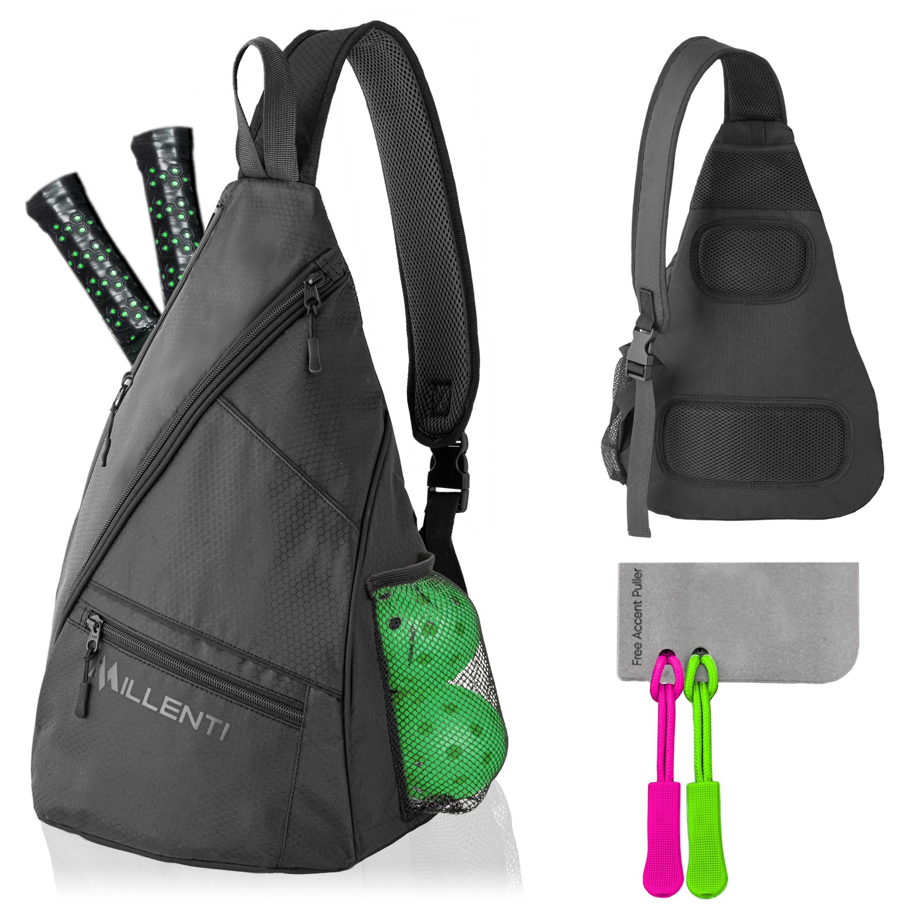 Millenti Sling Bag Crossbody Backpack - Lightweight Pickleball Bag or Basketball Ball Bag with a Fence Hook, Water Bottle Holder with Black Green or Cute Pink Zipper Pullers PB01B
