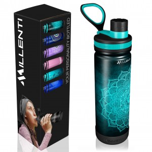 Millenti Yoga Water-Bottle Chug-Cap Spout-Lid - 26oz Vacuum Insulated, Stainless Steel, Double Walled, Thermos Flask Bottles (Royalty Mandala Teal) WB0126TL