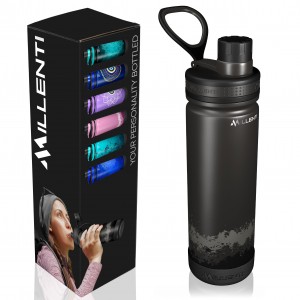 Millenti Gym Water-Bottle Black Spout-Cap - 26oz Vacuum Insulated, Stainless Steel, Double Walled, Thermos Flask Bottles (Serenity Black) WB0626B
