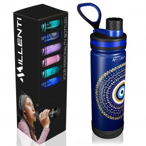 Millenti Water Bottle Blue Spout-Lid - 26oz Vacuum Insulated, Stainless Steel Circle-Of-Protection Bottle (Tranquility Gold on Blue) WB0426GD